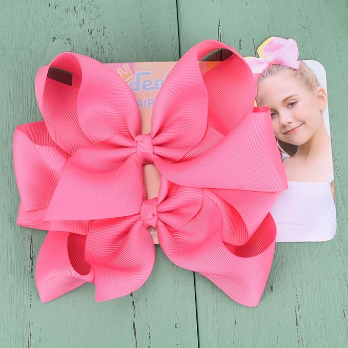 DEEKA 2 PCS 6" Big Hand-made Grosgrain Ribbon Solid Color Hair Bows Alligator Clips Hair Accessories for Little Teen Toddler Girls Kids Set of 2 -Hot Pink