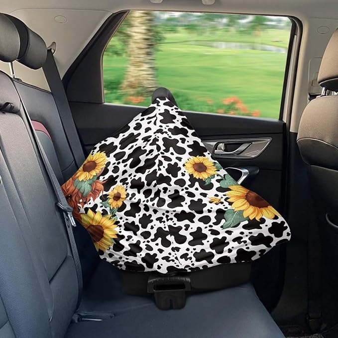 Wanyint Highland Cow Sunflower Cow Print Car Seat Covers for Boys Girls, Nursing Cover Carseat Canopy Baby Breastfeeding Cover Multi-use Nursing Scarf Infant Stroller Cover