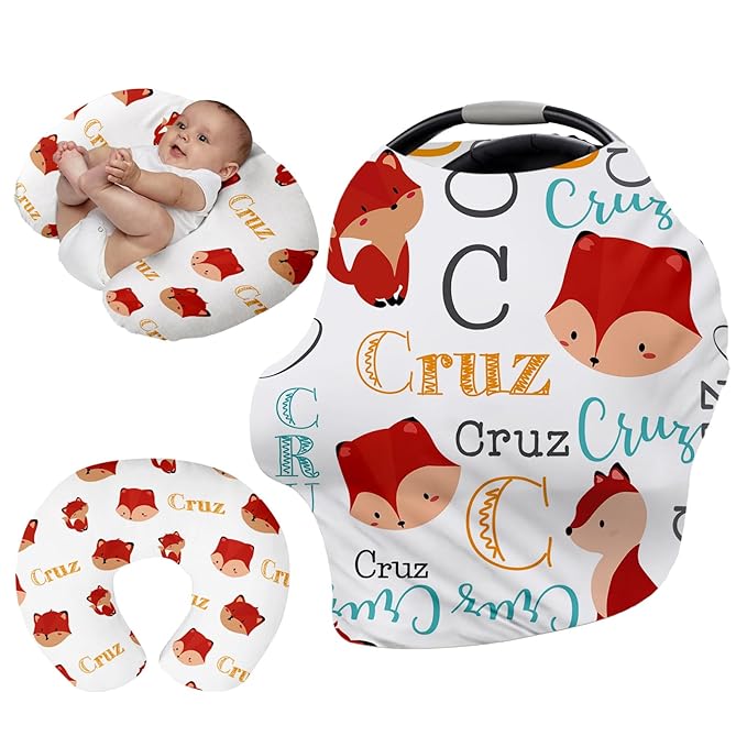 Personalised 7 in 1 Car Seat Cover for Girls and Boys - Multipurpose Breast Feeding Red Fox Print Cover, Nursing Cover, Grocery Cart Cover and High Chair Cover - Birthday Gift for Babies(27"x29")