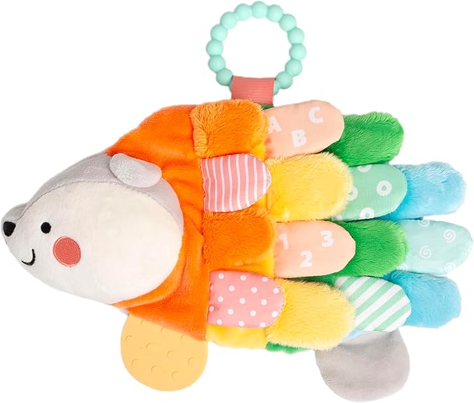 Pearhead Hedgehog Sensory Toy, Plush Lovey with Crinkle Tabs and Silicone Teether for Babies 0m+, Infant Development Toy