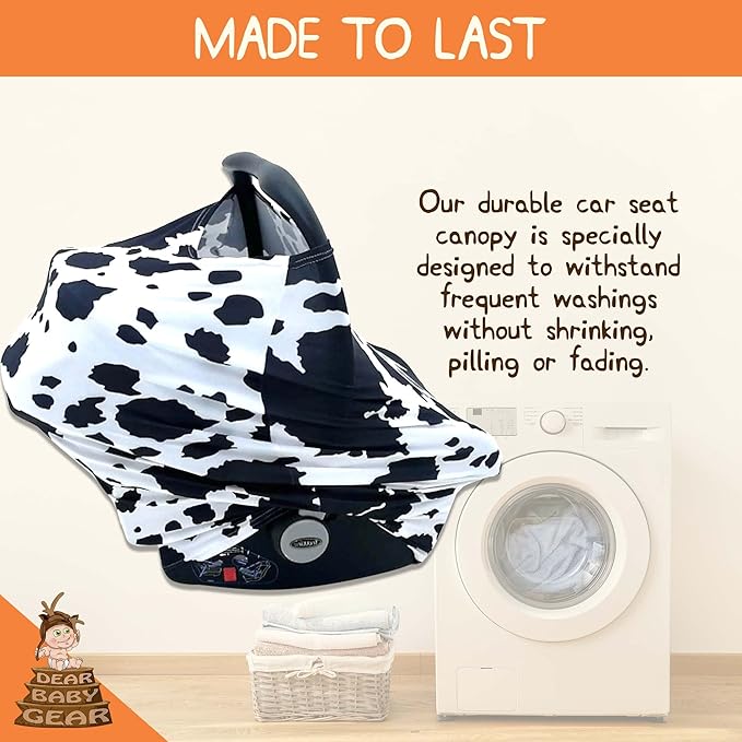 Dear Baby Gear Car Seat Cover for Boys & Girls - Baby Carseat Canopy w/Snap Opening - Infant Seat Cover - Stroller & Nursing Covers - Newborn Carrier Canopy- 28x27x0.25" (Holstein Cow Stretch Fit)