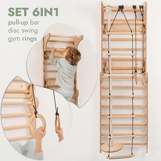 6-in-1 Indoor Playground for Kids – Wooden Swedish Wall, Climbing Ladder, Slide, Swing, Gymnastics Rings, Rock Climbing Wall – Jungle Gym Play Set for Ages 2-12