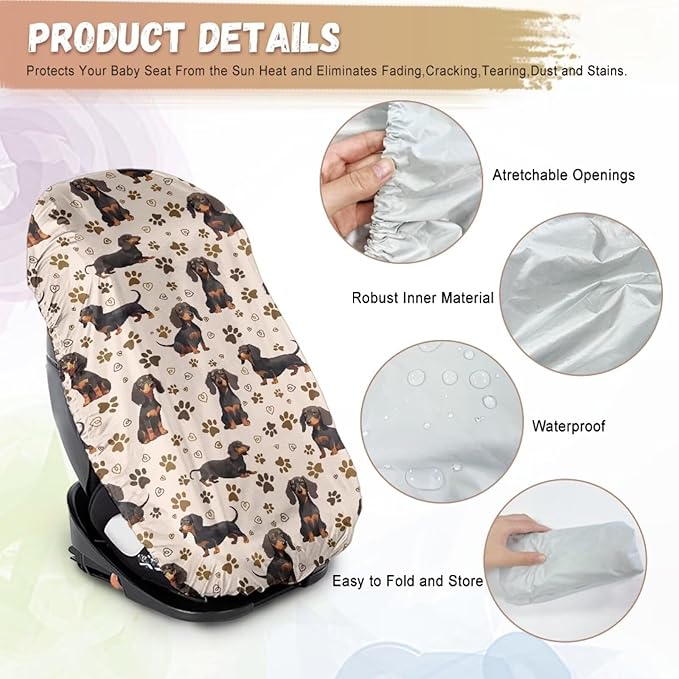 Baby Car Seat Cover, Dog Print Car Seat Sun Shade Cover Sun Protection to Keep The Car Seat Cool, Easy to Clean and Install