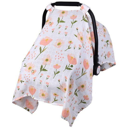 Muslin Car Seat Cover for Babies, Metplus Breathable Infant Carseat Cover Lightweight Baby Carrier Cover for Girls Boys, Fit Spring Summer/Hot Days/Warm Weather, Pink Floral