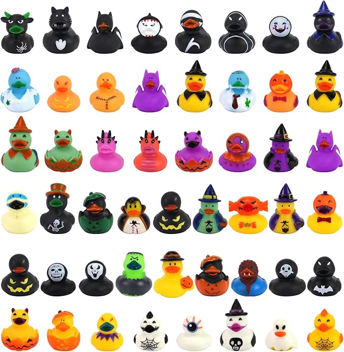 50 Pcs Halloween Rubber Ducks, Halloween Ducks for Jeeps Ducking, Random Assortment Mini Rubber Duckie Toys for Kids Baby Bath Shower Toys Trick or Treat Fillers, Gift Exchange