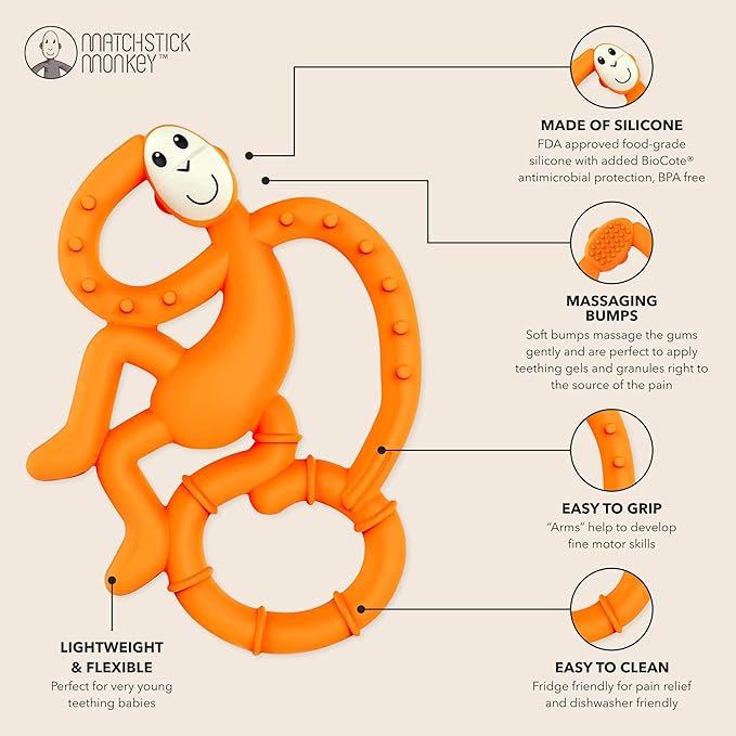 Matchstick Monkey Silicone Mini Teether & Gel Applicator – Silicone Baby Teether, Easy-to-Grip, BPA-Free, Supports Self-Soothing & Early Brushing, 3 Months+, 4 Inches, Orange
