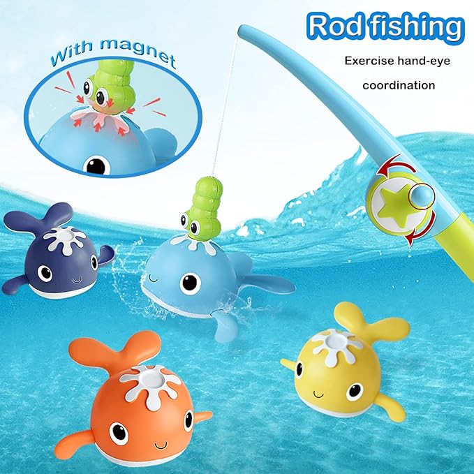 LOYUEGIYO Magnet Fishing Game Bath Baby Toy for 1-3 4-8 Year Old Toddler Boys Girls,Gifts for Kid,Baby Bathtub Water Shower Pool Toys 18 Months+,4 Swimming Wind-up Whale&1 Fishing Pole&1 Net