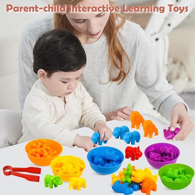 GKDOMS Counting Animals Toys Matching Game with Sorting Bowls Preschool Learning Activities Montessori Sensory Toy for Math Color Sorting, Party Favors Birthday Exchange Gifts for Toddlers