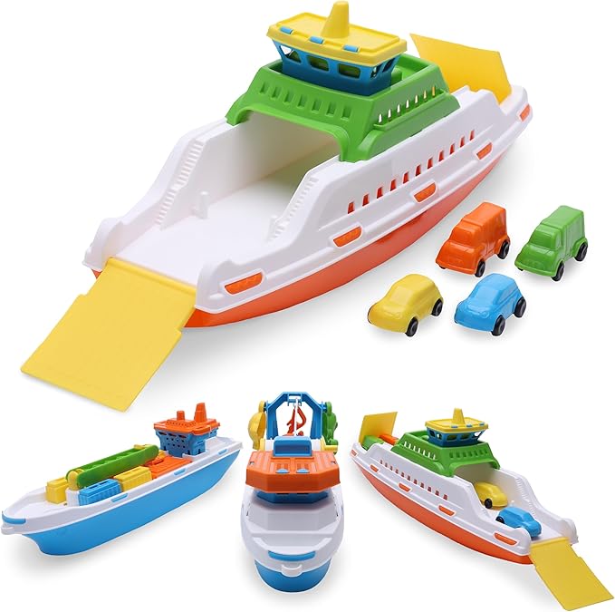 Toyland® 39cm (15") Colourful Ferry Boat with Moveable Ramps & 4 Mini Cars - Kids Floating Water Toy - Pool & Bathtime Toys - 3 Years+