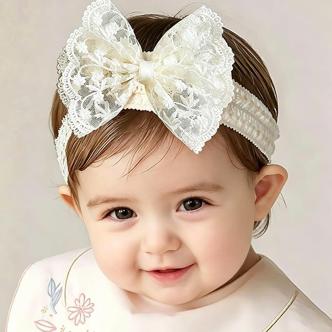 Baby Girls Bow Lace Headband Cute Soft Hairband White Butterfly Knot Headbands for Newborn Infants Toddlers Kids Christening Baptism Birthday Party Hair Accessories（Floral Bow）