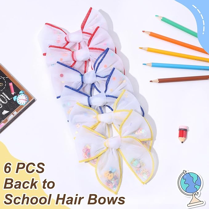 CN 6 PCS Back to School Tulle Hair Bows for Girls, Pencil Bows with Glitter Letter Alligator, Colorful School Hair Barrettes Yellow Hair Ornaments Accessories for Little Girls Toddler Teens