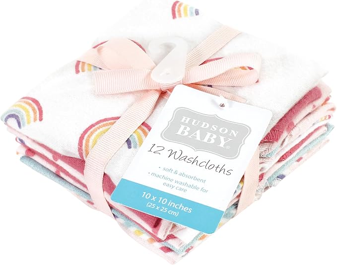 Hudson Baby Unisex Baby Flannel Washcloths, Creative Rainbow 12Pk, One Size