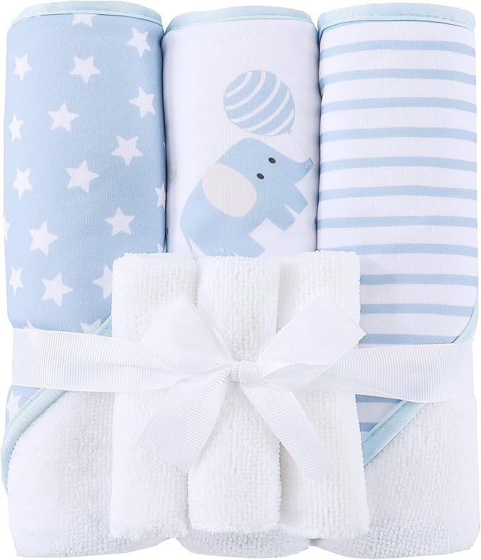 Mooreeke Baby Towel with Hood for Boys Blue Elephant Bath Towel for Babies Ultra Soft Absorbent 3 PCS Baby Towels and 3 PCS Washcloths for Newborn Essentials