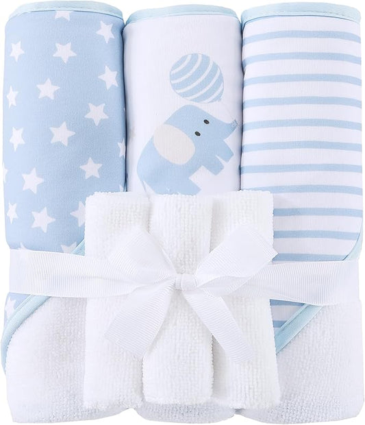 Mooreeke Baby Towel with Hood for Boys Blue Elephant Bath Towel for Babies Ultra Soft Absorbent 3 PCS Baby Towels and 3 PCS Washcloths for Newborn Essentials