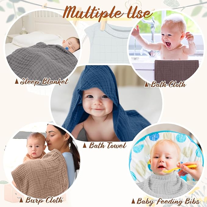 VitalCozy 12 Pcs Baby Muslin Hooded Bath Towels and Washcloths, Muslin Hooded Baby Towels Absorbent Blankets for Gift Newborn Infant Shower (Neutral Colors)