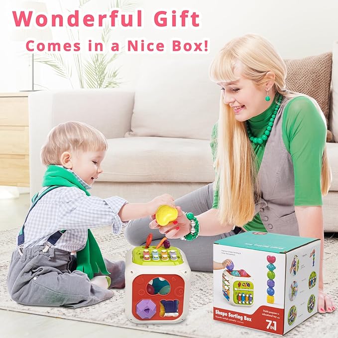 Aprilwolf Montessori Toys for Toddlers, 7-in-1 Activity Cube, Shape Sorter Toy| Baby Developmental Learning Toys| First Birthday Gifts