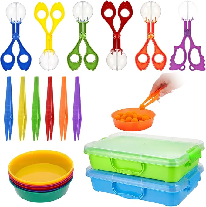 20 Pcs Sensory Bin Tools Set Include Storage Bins with Lids Tweezer Scissor Clips Sorting Bowls Fine Motor Skill Toy