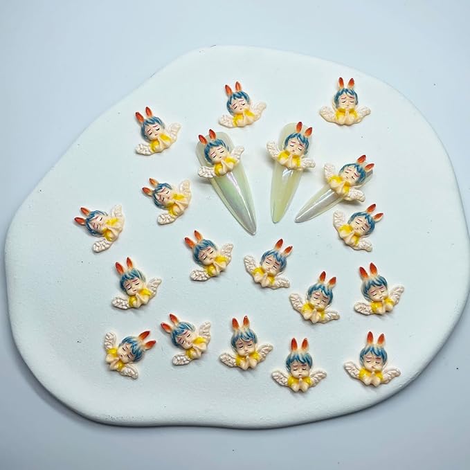 KINGVELLY 3D Cartoon Cute Color Angel Baby Nail Charm,Rabbit Ears and Wings, for Acrylic Nail Art DIY Nail Designs, Chroma, MJ0023