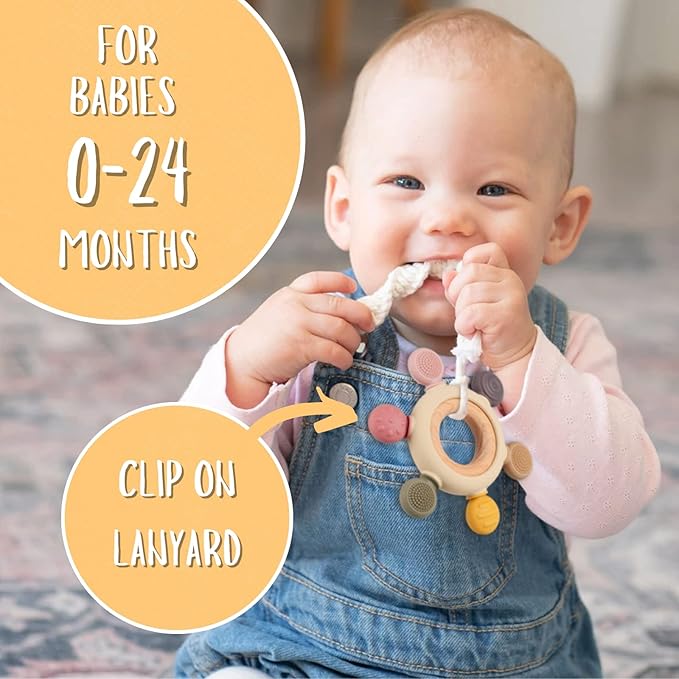 Baby Teething Toys, Silicone Chewable Teethers with Wooden Ring for Soothing Babies Gums, Rudder Chewers Shower Gift for lnfants & Toddlers, 3+ Months (8 Directions, Gray)
