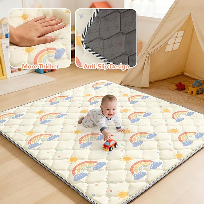 79"x71" Baby Play Mat - Extra Thicker & Soft Floor Crawling Mat - Non-Slip Foam Playmats for Playpen - Foldable & Machine Washable Baby Activity Mat for for Babies and Toddlers, Rainbow
