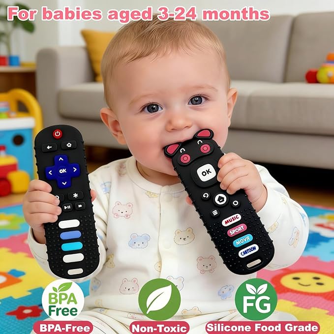 2Pcs Baby Teething Toys, BPA-Free Food Grade Silicone Baby Remote Control Teething Toy for 3-18 Months, Teething Relief Baby Toys, Teething Relief Newborn TV Remote Shaped Toy (Balck&Pig Black)