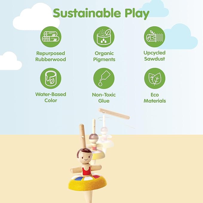 PlanToys® Wooden Ballet Spinning Top | Montessori Inspired Pull String Toy for Cause & Effect, Coordination & Motion Control | Eco Friendly Spinning Toy for Fine Motor Skills & Creative Play