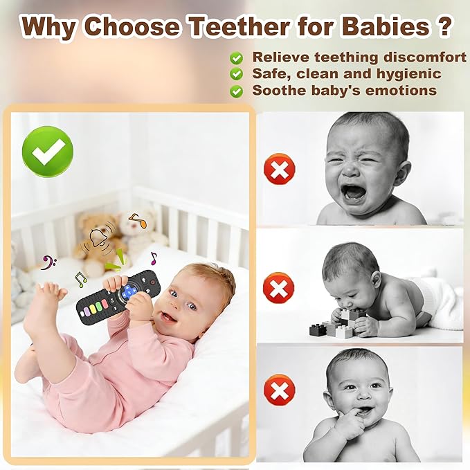 HAILI XMGQ Teething Toys for Baby, Sensory Baby Chew Toy, Rattle Ring Teether Toys for Babies 0-3-6-12 Months, Silicone TV Remote Control Shape for New Baby Gift (Black)