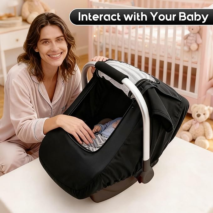 Waterproof Baby Car Seat Cover, Car Seat Rain Cover with Clear Window & Breathable Mesh, Universal Baby Carrier Cover with Support Rod to Prevent Collapse, Lightweight Weather Shield with Storage Bag