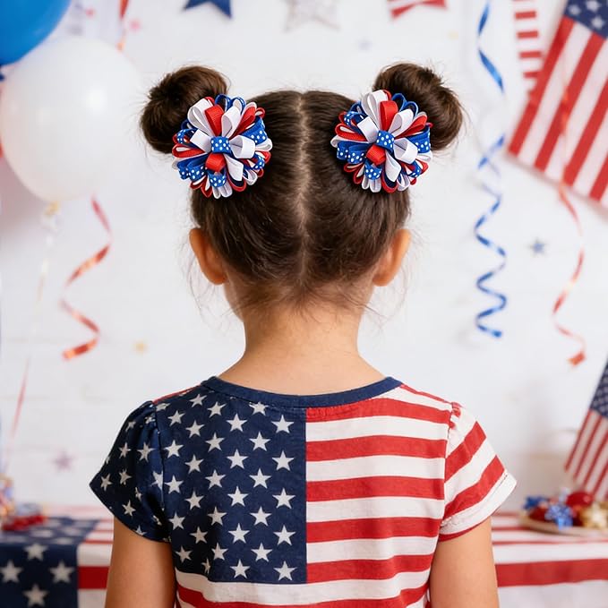 Patriotic Korker Hair Bow Clips Hair Accessories for Kids Girls 4th of July Party Accessories Red White Blue Bows Favors Decorations 4pcs