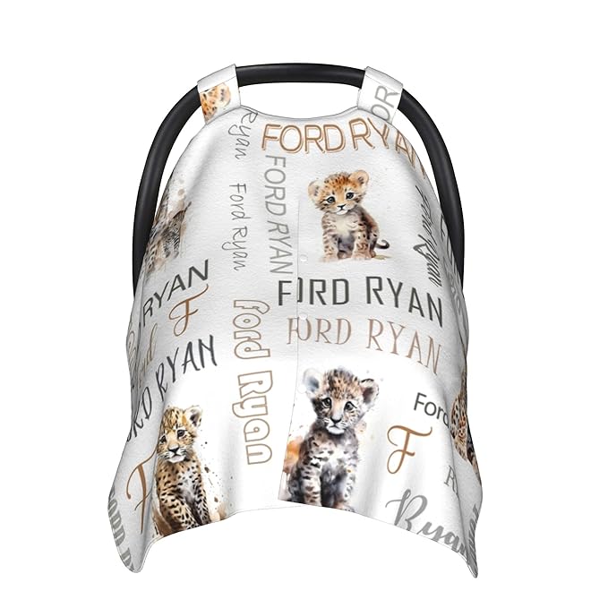 Personalized Winter Baby Car Seat Cover with Name Leopard Winter Car Seat Cover for Baby Seat or Stroller Custom Infant Car Seat Covers Minky Blankets Nursing Cover Breastfeeding Scarf