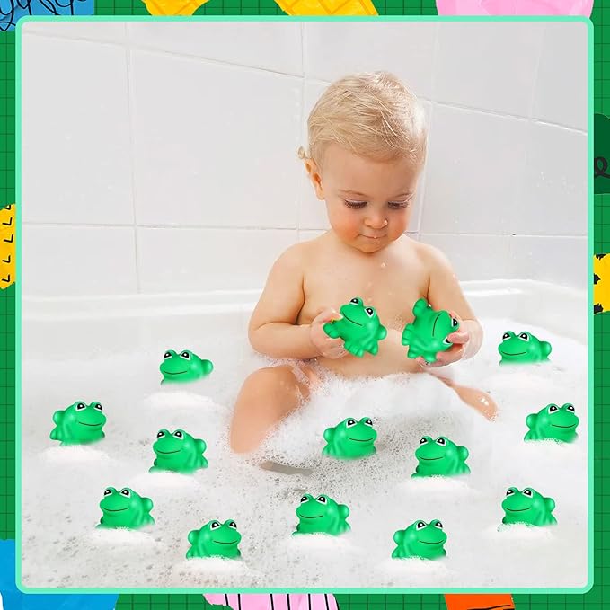 18 pcs Rubber Frogs for Kids, Cute Floating Squeaky Frog Bath Toy Mini Plastic Frogs for Cake Decoration Classroom Carnival Prizes Baby Shower Birthday Party Decoration