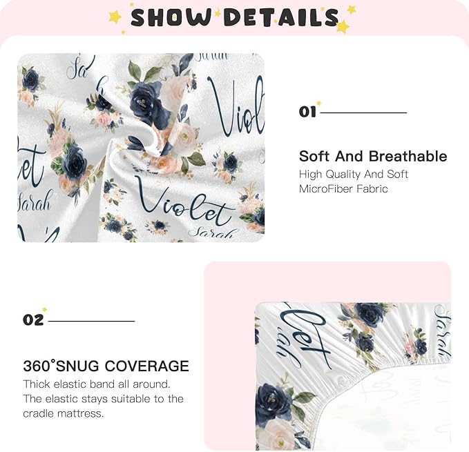 Personalized Pack 'n Play Sheets - Custom Floral Baby Mini Crib Sheets for Girls, Fitted Sheet with Name, Soft and Breathable Material