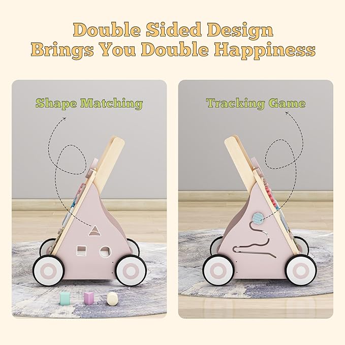 Wooden Baby Walker, Baby Push Walker with Wheels Multiple Learning Activity Center Baby Walker Adjustable Height and Speed for Girls Ages 9+ Months, Pink