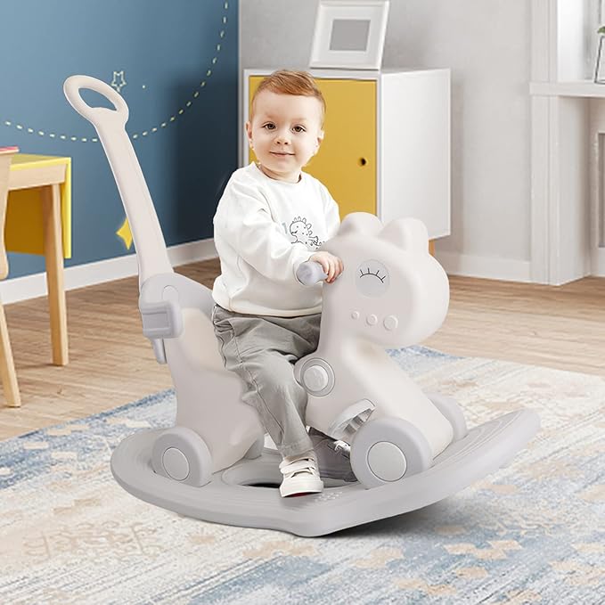 4 in 1 Rocking Horse for Toddlers 1-3 Years Old, Baby Rocking Toy Fun Birthday Gift for 1+ Kids, Ride on Toy with Detachable Balance Board and Footrest, Balance Bike with Push Handle, White