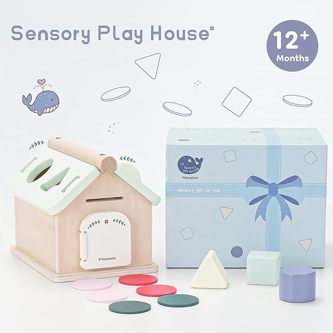 Pillowhale Montessori Activity Cube for Toddlers 1+, Wooden 5-in-1 Learning Toy with Object Permanence Box, Shape Sorting & Stacking, Fine Motor Skills Toy for Baby Boys Girls