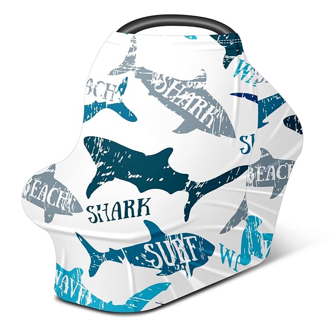 Baby Car Seat Stroller Covers Beach Shark Nursing Cover Breastfeeding Scarf Soft Breathable Stretchy Infant Car Canopy Coverage Carseat Cover for Boys and Girls Multi Use