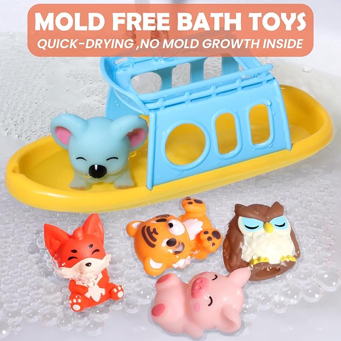 Oriate Bath Toys for Kid, 1 Boat and 5 Silicone Animal Finger Puppets, Sensory Learning Toy Set in The Bathtub, Pool, Beach, Easter Basket Stuffers Gifts for Kids Boys Girls 3 4 5 6 Year Old