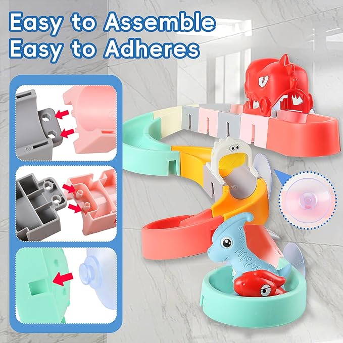 72 PCs Dinosaur Bath Toys for Kids Ages 4-8, Bathtub Water Slide Toys for Toddlers, DIY Building Set with Rubber Dino Bath Toys for Birthday Gifts