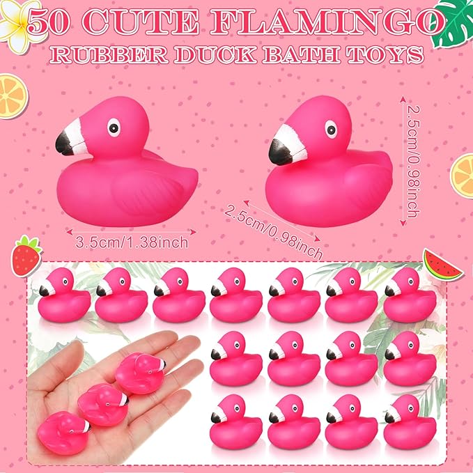 50 Pcs Mini Flamingo Rubber Duck Bulk Cute Pink Flamingos Bath Toys Floating Squeaky Toy Rubber Duckies for Baby Shower Cake Decoration Classroom Prizes Holiday (1.4 Inch)