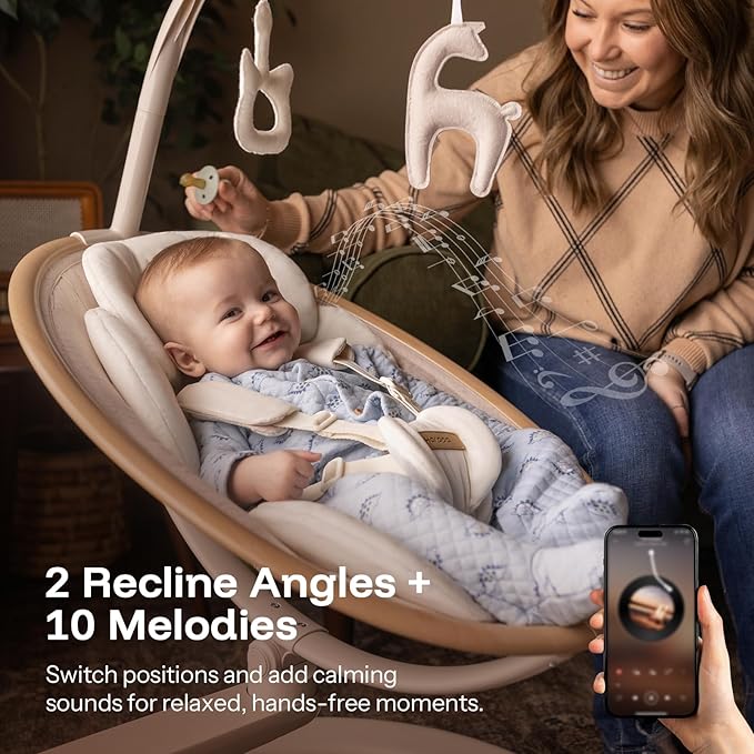 HARPPA Weddell Signature Baby Electric Swing for Newborns and Infants, Elevated Eye-Level Seat, 180° Rotation with Dual Motion, 5-Point Harness, 5 Speeds & Remote Control, Beige