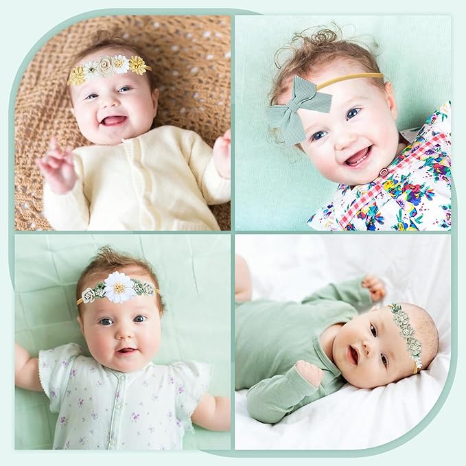 Dizila 6 Pieces Super Soft Stretchy Green Khaki White Baby Girl Nylon Bow Flower Headbands Floral Lace Headbands Hair Accessories for Newborns Infants Toddlers Girls Kids
