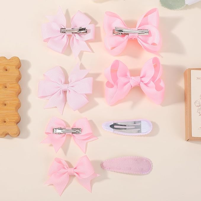 choicbaby 8pcs Baby Girl Hair Bow Clips Set, Pink Toddler Hair Clips Boutique Grosgrain Ribbon Bow Hair Barrettes Accessories for Infant Toddler Kids