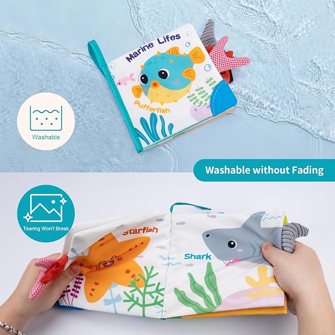 Love&Mini Baby Cloth Book Toys - Ocean Shark Crinkle Book with Teether, Touch & Feel Soft Books for Babies 6+ Months, Sensory Early Learning Toys, Baby Shower Gifts for Boys & Girls