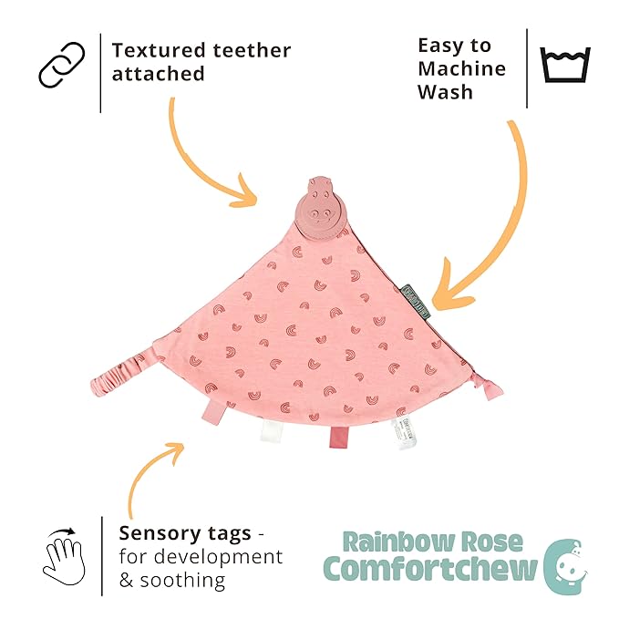 Cheeky Chompers Comfortchew | Baby Lovey with Silicone Teether & Sensory Tags | Soft Fleece Material, Attachable Loop, Machine Washable (Rainbow Rose)