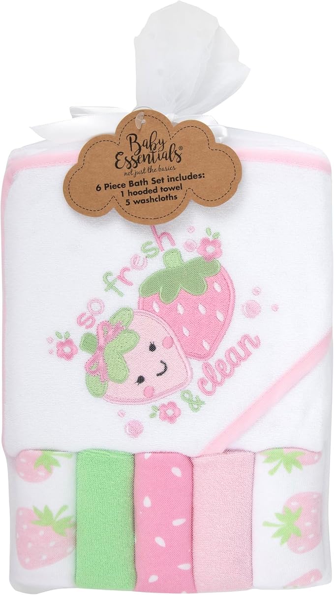 Baby Hooded Bath Towel and Washcloth Set for Infant Girls 6-12 Months (So Fresh Strawberry Pink)