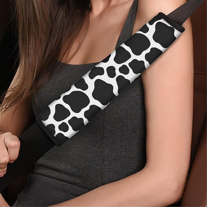 Biyejit Black White Cow Print Car Seat Belt Covers for Adults Kids, Seatbelt Cushions Pads Cover for Trucks SUV, Car Accessories Decorations 2Pcs