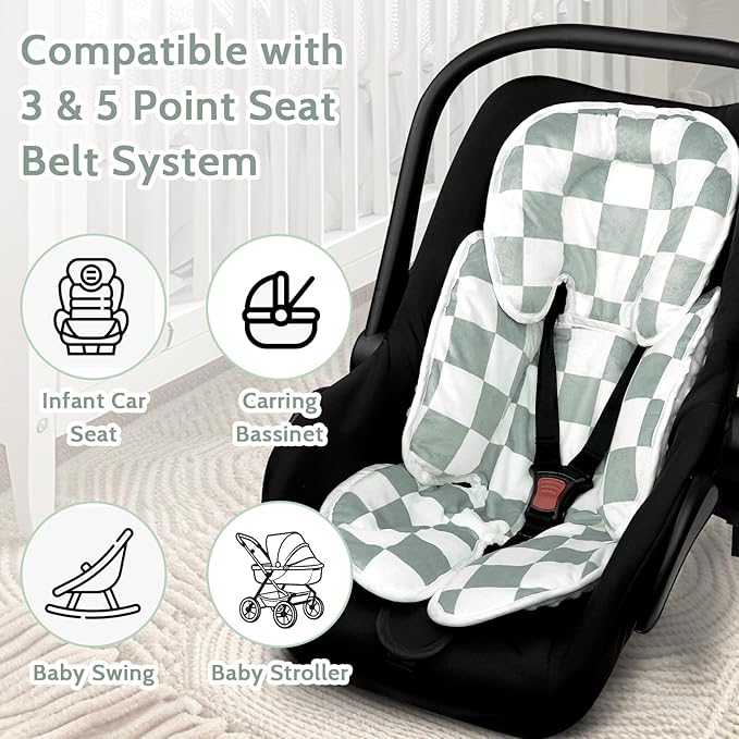 DILIMI Infant Car Seat Insert, 2-in-1 Carseat Head Support for Newborn, Soft Baby Head Support for Car Seat, Stroller, Bouncers, Green Checkered