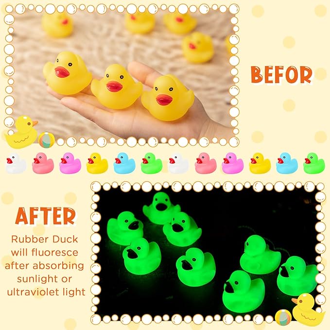 50 Pcs Glow in The Dark Rubber Ducks 2.2'' Luminous Mini Rubber Duck Fluorescent Tiny Light up Floating Squeaky Bathtub Toys for Baby Showers Summer Beach Pool Party Games (Colorful)