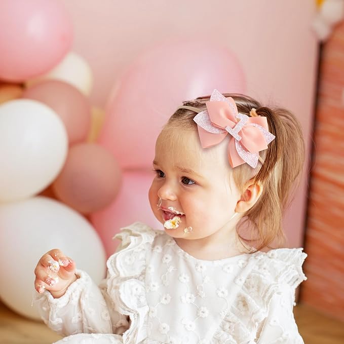 Glitter Birthday Hair Bow for Baby Girls 1 2 3 4 5 6 Years Peach Party Decoration Hair Accessories Headband for First 1st One Birthday