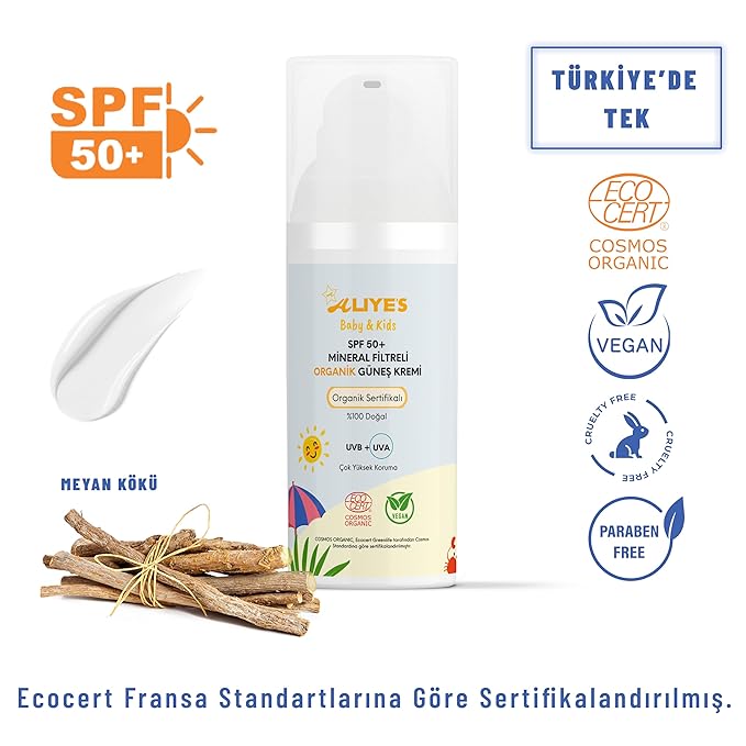ALIYES SPF 50+ Organic Baby&Kids Mineral Sunscreen – Safe for Babies - Water Resistant Sun Cream – Broad Spectrum UVA/UVB Sun Protection – Vegan Baby Sunscreen Lotion, 1.69 FL